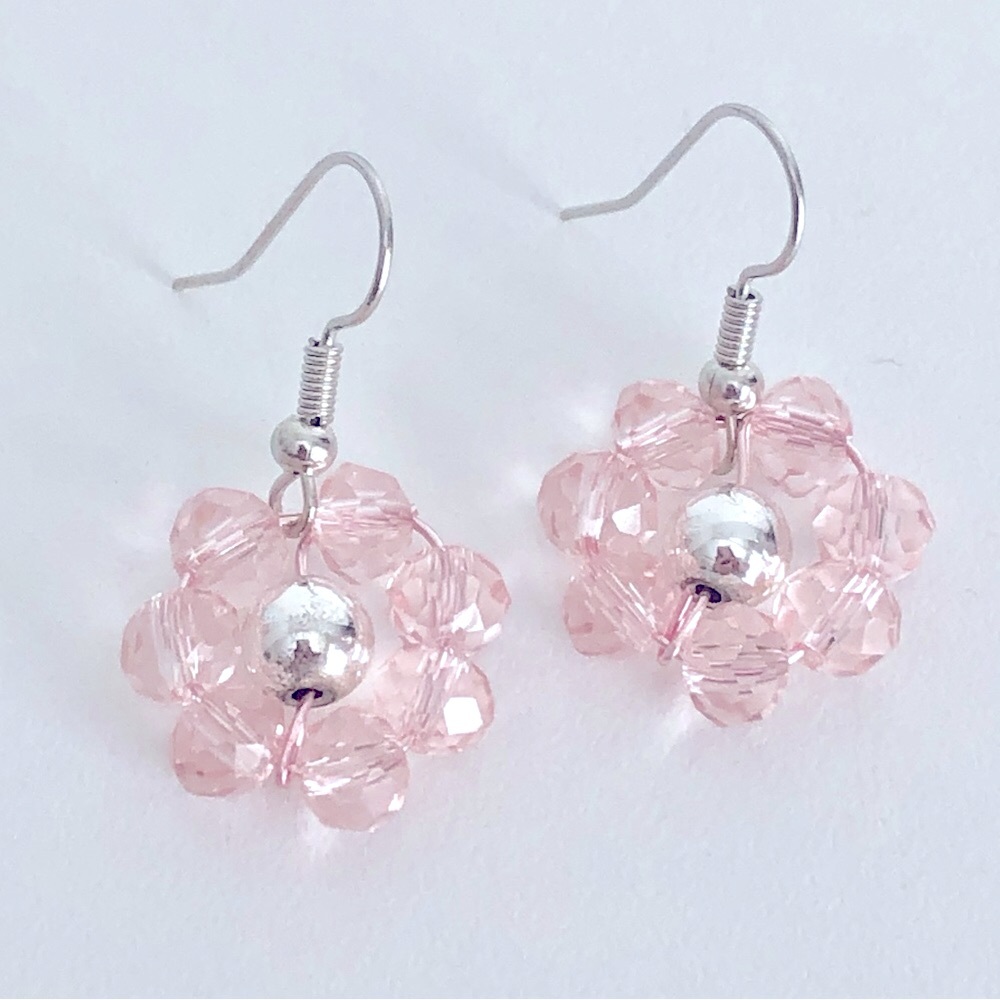 New Rose Pink and Silver Faceted Glass Crystal Flower Daisy Earrings Handmade